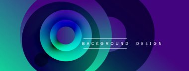 Soyut, enerjik çemberler çakışıyor. Gradyan renkler harmanlanmış, mor, mavi. Metin, arkaplan dizaynını siyah alanın üzerinde okuyor.