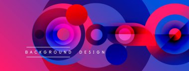 Soyut çemberler çakışıyor, canlı gradyanlar yaratıyor. Pembe, mor, mavi renkler dizaynda baskın. Modern, dinamik kompozisyon.