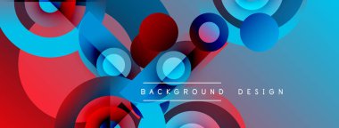 Soyut geometrik şekiller örtüşüyor, canlı mavi ve kırmızı renkler yaratıyor. Modern tasarım elementleri dinamik bileşim, görsel ilgi.
