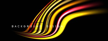 Soyut renkli çizgiler siyah arkaplan boyunca akar. Dinamik eğriler modern görsel efektler yaratır. Parlak gölgeler tasarım elementlerini vurguluyor.