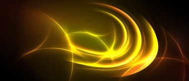 Parlak sarı kıvrımlar merkezden yayılır. Koyu arkaplan parlayan çizgileri vurgular, dinamik soyut görsel oluşturur.