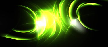 Parlak yeşil enerji akar, kıvrımlar yayılır. Işık patlamaları karanlık arkaplanı aydınlatır. Soyut tasarım hareketi ve gücü çağrıştırır..