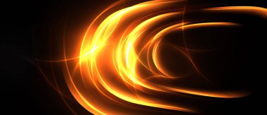 Parlak turuncu çizgiler siyah arkaplanda dönüyor. Dinamik enerji merkezi odak noktasından yayılarak soyut görsel etki yaratır..