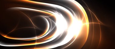 Soyut girdaplar, parlak turuncu, beyaz ışık merkezden yayılıyor. Koyu arkaplan dramatik karşıtlık yaratır, zarif tasarım.