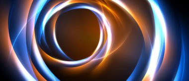 Soyut eşmerkezli daireler, parlak mavi, turuncu renkler. Koyu arkaplan parlayan enerjiyi vurgular, dinamik girdap şekilleri.