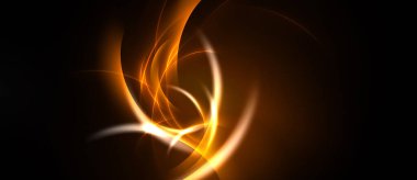 Soyut tasarım turuncu çizgiler akarken, parlak kıvrımlar koyu arkaplanda. Dinamik bileşim enerjiyi, hareketi çağrıştırır.