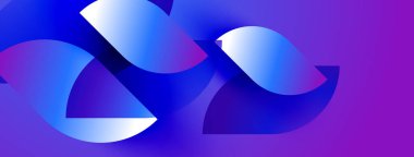 Soyut şekiller, canlı maviler, morlar dinamik kompozisyon oluşturur. Yumuşak eğimler hareketi, derinliği gösterir. Modern tasarım.