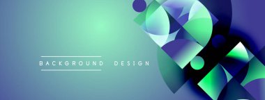 Soyut geometrik şekiller üst üste binerek canlı bir deniz mavisi gradyanı oluşturur. Modern tasarım elementleri yenilik ve teknoloji öneriyor.