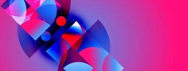 Soyut geometrik şekiller canlı maviler, kırmızılar, pembeler harmanlarlar. Dinamik kompozisyon modern görsel deneyim yaratır.