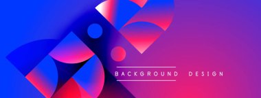 Soyut geometrik şekiller canlı mor, mavi ve pembe renkleri harmanlarlar. Modern tasarım dijital sanat ve arkaplan ögesi öneriyor.