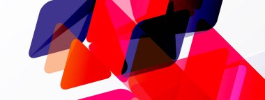 Soyut şekiller örtüşür, canlı renk karışımları yaratır. Kırmızı, pembe, mavi, turuncu beyaz arka plana hakim. Modern tasarım.