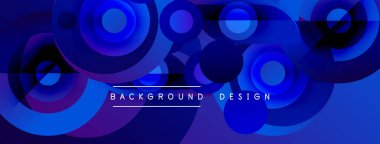 Soyut mavi tasarım, üst üste binen daireler oluşturarak dinamik dalga etkisi yaratıyor. Metin, arkaplan tasarımını merkezden okur.