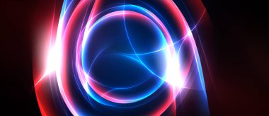 Parlak soyut çemberler, pembe, mavi renkler yayılıyor. Işık çizgileri kesişir, dinamik görsel efekt yaratır. Koyu arkaplan parlayan biçimlere vurgu yapar.