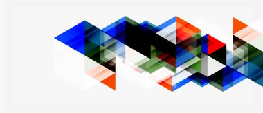 Soyut geometrik şekiller örtüşür, dinamik görsel doku oluşturur. Mavi, kırmızı, siyah renkler beyaz arkaplana hakim. Modern tasarım.