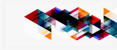 Soyut geometrik şekiller örtüşür, dinamik bileşim yaratır. Renkler kırmızı, mavi, turuncu, siyah, beyaz. Modern tasarım ögesi.