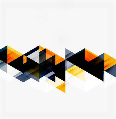 Soyut geometrik tasarım. Üçgenler çakışıyor, dinamik görsel doku oluşturuyor. Turuncu, siyah, gri renkler kompozisyona hakim. Modern estetik.