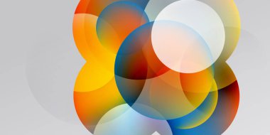 Soyut renkli çemberler çakışıyor, yumuşak eğimler yaratıyor. Arka plan karanlık, parlak şekiller zıt. Modern tasarım ögesi.