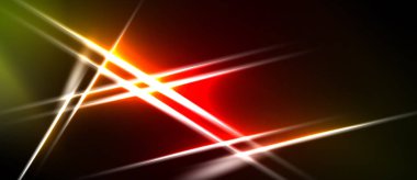 Soyut çizgiler kesişiyor, parlak ışık efektleri yaratıyor. Kırmızı, sarı, yeşil renkler koyu arkaplana hakim. Dinamik enerji merkezi noktadan yayılır.