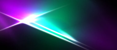 Koyu arkaplanda parlak bir ışık belirdi. Canlı mor, yeşil renkler harmanlanarak, dinamik görsel efekt yaratır. Yoğun parıltı kompozisyona hakim olur.