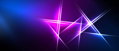 Soyut arka plan canlı mavi, mor renkler içerir. Parlak neon hatları, dinamik ışık efektleri oluşturarak kesişiyor. Koyu alanlar karşıtlık sağlar.