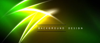 Parlak neon çizgileri soyut arkaplan oluşturur. Yeşil, sarı renkler koyu kenarlı tasarıma hükmediyor. Metin arkaplan tasarımı okur.