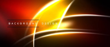 Soyut neon hatları dinamik arkaplan oluşturur. Parlak turuncu, sarı renkler karanlık uzaya hakim. Modern tasarım ögesi.