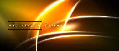 Parlak turuncu, sarı çizgiler soyut tasarım yaratır. Karanlık arka plan parıldayan etkiyi arttırır. Metin arkaplan tasarımı okur.