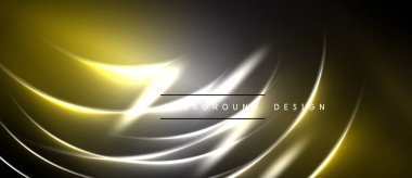 Soyut sarı, siyah arkaplan üzerinde gümüş çizgiler. Düz kıvrımlar dinamik görsel efekt yaratır. Modern tasarım ögesi.