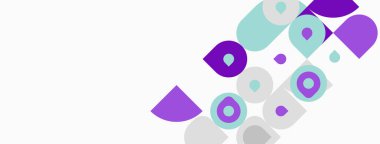 Soyut geometrik şekiller, daireler, yarı daireler, kareler. Açık mor, beyaz arkaplanda deniz mavisi renkleri. Minimalist tasarım.