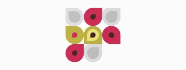 Soyut geometrik desen. Çemberler, kareler, gözyaşları renkli bir kompozisyon oluşturur. Minimalist tasarım, retro estetik, basit şekiller..