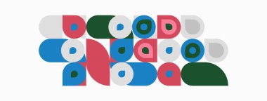 Soyut geometrik şekiller çakışıyor. Daireler, kareler, dikdörtgenler renkli kompozisyon oluşturur. Minimalist tasarım, modern estetik.