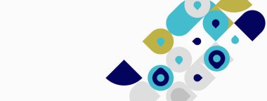 Soyut geometrik şekiller, daireler, kareler, farklı renkler. Minimalist tasarım, temiz çizgiler, modern estetik. Beyaz arkaplan kompozisyona hakim.