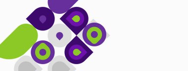 Soyut geometrik şekiller, mor, yeşil, gri. Çemberler, kareler modern tasarım yaratarak örtüşüyor. Minimalist kompozisyon, temiz estetik.