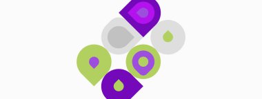 Soyut tasarım özellikleri üst üste binen daireler, kareler ve harf formları. Renkler arasında mor, limon yeşili, gri, beyaz var. Minimalist kompozisyon.