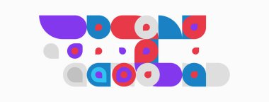 Soyut geometrik şekiller, daireler, kareler, canlı renkler. Kompozisyon, neşeli tasarım ve modern estetik öneriyor.