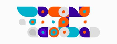 Soyut geometrik şekiller, canlı renkler, neşeli kompozisyon. Çemberler, kareler, kıvrımlar modern tasarım yaratır. Minimalist estetik.