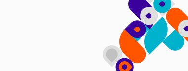 Soyut renkli çemberler, kareler üst üste biniyor. Modern tasarım elementleri yaratıcılığı, yeniliği önerir. Basit geometrik şekiller kompozisyona hakim.