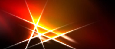 Parlak ışıklar merkezden yayılır. Kırmızı, turuncu renkler koyu arkaplana hakim. Dinamik enerji, soyut tasarım.