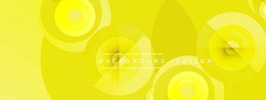 Parlak sarı soyut arka plan. Üst üste binen daireler dinamik görsel doku yaratır. Metin elemanları mevcut olan minimalist tasarım.