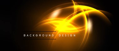 Soyut tasarım, parlak turuncu çizgiler, kıvrımlar, koyu arkaplan üzerinde parıldayan efektler içerir. Metin arkaplan tasarımı okur.