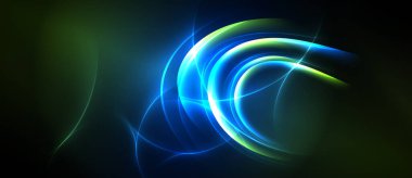 Parlak kıvrımlar koyu arkaplana hükmediyor. Canlı maviler, yeşiller soyut enerji akışı yaratır. Yumuşak eğimler hareketi, derinliği gösterir.