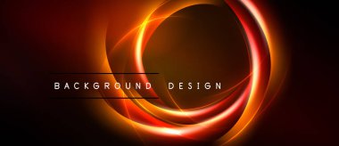 Soyut tasarım parlak eşmerkezli daireler içerir. Sıcak renkler koyu arkaplanda baskın gelir. Metin arka plan tasarımı okur. Modern, dinamik görsel.