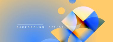 Soyut geometrik şekiller örtüşüyor, canlı renk eğimleri yaratıyor. Arka planda yumuşak sarı, mavi renkler var. Modern tasarım elemanları.