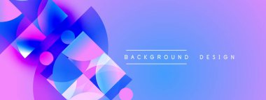 Soyut geometrik şekiller örtüşüyor, canlı mor ve mavi renkler yaratıyor. Modern tasarım dijital sanat ve arkaplan kullanımı öneriyor.