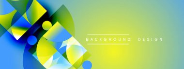 Soyut geometrik şekiller canlı maviler, yeşiller, sarılar harmanlarlar. Gradyan arka plan dinamik görsel efekt yaratır. Metin arkaplan tasarımı okur.