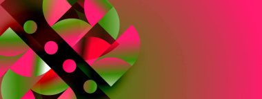 Soyut tasarım canlı pembeler, yeşiller, siyah şekiller içerir. Dairesel elementler katı arkaplana karşı dinamik bileşim oluşturur.