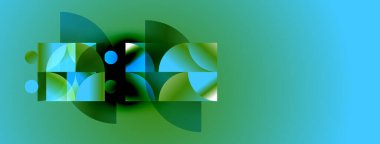 Soyut kompozisyon özellikleri üst üste binen şekiller, gradyanlar. Maviler, yeşiller tasarıma hakim, modern estetik yaratıyorlar. Minimalist stil.