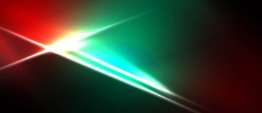 Soyut ışık çizgileri, canlı kırmızı, yeşil renkler baskın. Parlak merkezi patlama, dinamik görsel etki yaratır. Koyu arkaplan renkleri zıt.