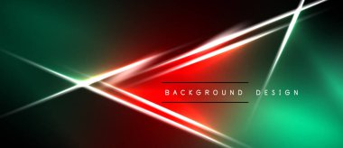 Karanlık gradyanlar üzerinde soyut neon çizgiler. Kırmızı, yeşil renkler kompozisyona hakim. Dijital projeler için modern tasarım ögesi.