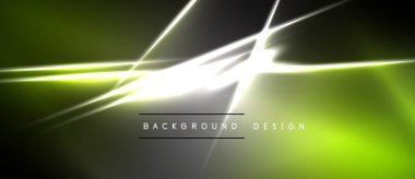 Soyut tasarım parlak çizgiler, gradyanlar içerir. Koyu arkaplan canlı yeşil, beyaz elementlerle tezat oluşturuyor. Modern estetik, dinamik kompozisyon.